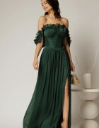  Rochie lunga verde intens de ocazie din voal peliculizat cu bust tip corset