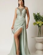  Rochie lunga verde mint din voal cu reflexii si strasuri la decolteu