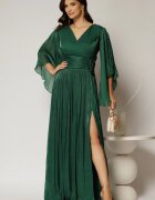  Rochie lunga verde seara din voal peliculizat cu aplicatii pe talie