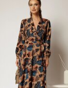  Rochie maro midi imprimeu floral tropical cu aspect petrecut si cordon in talie