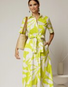  Rochie midi alba cu imprimeu verde neon tip camasa din poplin cu cordon in talie