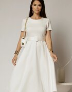  Rochie midi alba cu maneca scurta si curea in talie cu adaos de viscoza
