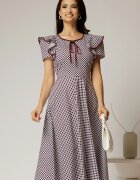  Rochie midi alba de zi cu buline negru bordo si volanase la maneci