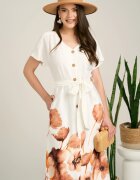  Rochie midi alba din satin cu imprimeuri florale maro la baza si cordon in talie