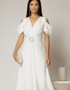  Rochie midi alba din voal in clos cu decupaje la umeri si cordon in talie