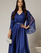  Rochie midi albastra de ocazie din satin si dantela