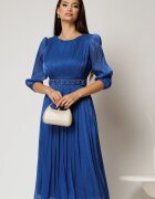  Rochie midi albastra de ocazie din voal peliculizat cu cordon detasabil
