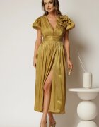  Rochie midi aurie de ocazie din voal peliculizat si detaliu amplu floral