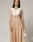  Rochie midi bej cu buline si guler amplu croi clos