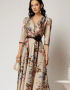  Rochie midi bej cu imprimeu floral si cordon in contrast