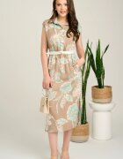  Rochie midi bej cu imprimeu verde mint din tencel cu elastic si curea in talie