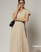  Rochie midi bej de vara din modal cu decolteu V si cordon in talie.