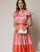  Rochie midi bej din satin in clos cu imprimeuri fucsia oranj si cordon in talie