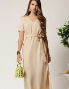  Rochie midi bej din tencel cu croi drept si cordon in talie