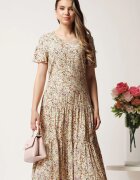  Rochie midi bej din viscoza cu imprimeuri florale maro