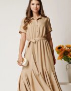  Rochie midi bej din viscoza in clos cu nasturi si cordon