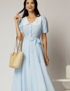  Rochie midi bleu cu buline de zi si guler brodat