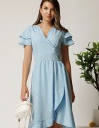  Rochie midi bleu cu buline din triplu voal in clos cu volane la maneci