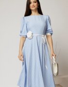  Rochie midi bleu cu buline si cordon detasabil in talie