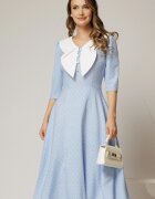  Rochie midi bleu cu buline si guler amplu croi clos