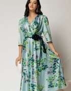  Rochie midi bleu cu imprimeu floral si cordon in contrast
