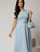  Rochie midi bleu cu maneca scurta si curea in talie cu adaos de viscoza
