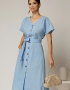  Rochie midi bleu de zi din in tip camasa cu manecile scurte