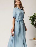  Rochie midi bleu din bumbac in clos cu cordon in talie