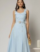  Rochie midi bleu din poplin cu nasturi si curea in talie