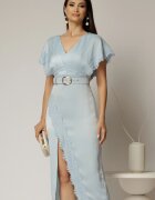  Rochie midi bleu din satin cu insertii de dantela