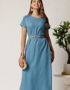  Rochie midi bleu din tencel cu croi evazat si curea in talie