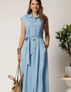  Rochie midi bleu din viscoza cu nasturi si cordon