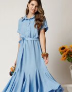  Rochie midi bleu din viscoza in clos cu nasturi si cordon