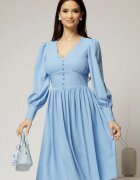  Rochie midi bleu din voal plin cu nasturi pe bust