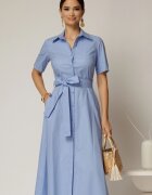  Rochie midi bleu tip camasa din poplin cu cordon in talie