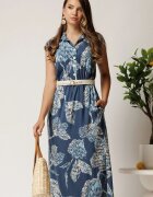  Rochie midi bleumarin cu imprimeu bleu din tencel cu elastic si curea in talie