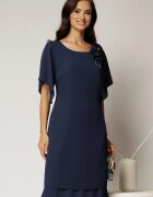  Rochie midi bleumarin de ocazie cu accesoriu floral detasabil si decolteu rotund