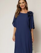  Rochie midi bleumarin de ocazie din voal cu aplicatie florala