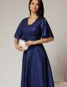  Rochie midi bleumarin de ocazie din voal cu sidef si decolteu in V