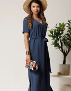  Rochie midi bleumarin din tencel cu croi drept si cordon in talie