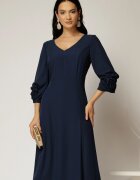  Rochie midi bleumarin din triplu voal cu trandafiri la maneci si decolteu V