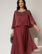  Rochie midi caramizie de ocazie din voal cu aplicatii la decolteu
