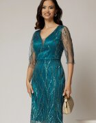  Rochie midi conica turcoaz din tull cu paiete