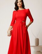  Rochie midi corai din stofa in clos cu floare in talie