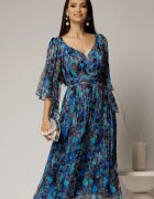  Rochie midi de ocazie cu imprimeuri albastre din matase naturala