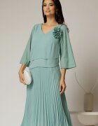  Rochie midi de ocazie verde menta cu fusta plisata si strassuri pe maneci