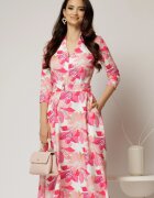  Rochie midi de zi ivoar cu imprimeuri fucsia cu buzunare