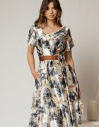  Rochie midi din satin cu imprimeuri gri si maro