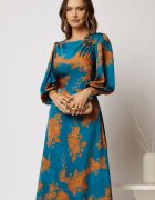  Rochie midi din satin turcoaz cu imprimeu caramiziu