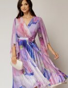  Rochie midi din tull cu imprimeu lila si fusta plisata din satin